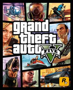 the cover art for grand theft auto, with many images of people and vehicles in it