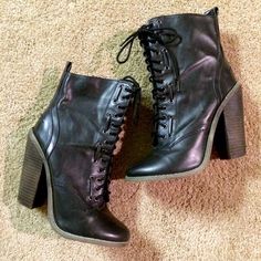 Deena & Ozzy Lace Up Boots Great condition, only worn twice. Black leather boots with wooden heel. Heel is approx 4.5" and side zipper. Very small scuff on toe of left boot. Deena & Ozzy Shoes Fall Lace-up Boots With Stacked Heel And Medium Width, Trendy Winter Boots With 4-inch Heel, Edgy Faux Leather Ankle Boots, Edgy Ankle Boots In Faux Leather, Winter Leather Lace-up Boots With Stacked Heel, Spring Faux Leather Boots With 4-inch Heel, Trendy Lace-up Ankle Boots With Stacked Heel, Edgy High Heel Lace-up Boots For Fall, Fall High Heel Lace-up Boots With Stacked Heel