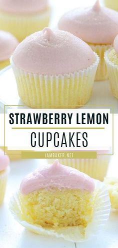 strawberry lemon cupcakes with pink frosting on top and the title overlay reads strawberry lemon cupcakes