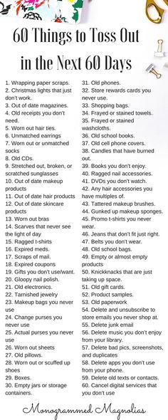 a list with the words 60 things to toss out in the next 60 days on it