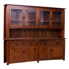 a wooden hutch with glass doors and cupboards on the front, against a white background