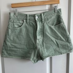 The Cut: Our Best-Selling Superhigh-Rise Shorts Are Momjean Perfectionfitted Through The Waist With An Easy A-Line Shape And Vintage-Y Yoke. The Fabric: Premium 100 Percent Cotton Nonstretch Cone Denim That Will Feel Tight At First, But Break In Juuuust Enough To Mold To Your Body. Front Rise: 11"; Inseam: 4". Fitted High-rise Jean Shorts With Five Pockets, Green High Rise Relaxed Fit Jeans, High Rise Green Denim Shorts, Fitted Green Jean Shorts With Pockets, Green Fitted Cutoff Bottoms, Fitted Green Cutoff Bottoms, Green Fitted Mid-rise Jean Shorts, Fitted Green Mid-rise Jean Shorts, Size 28 Jeans