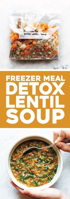 Freezer Meal Detox Crockpot Lentil Soup - a nourishing and easy soup recipe made with onions, garlic, carrots, kale, olive oil, squash, and lentils. Vegan / vegetarian / gluten free and SUPER delicious! #soup #freezermeal #lentils #instantpot #vegan #vegetarian #glutenfree #detox | pinchofyum.com Freezer Lentil Soup, Detox Lentil Soup, Squash And Lentils, Soup Instapot, Crockpot Lentil Soup, Soup Night, Postpartum Meals, Garlic Carrots, Lentils Vegan