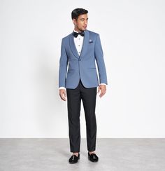 The Light Blue Shawl Jacket Tuxedo has a distinctive color you see once in a light blue moon. Includes black pants. Starts at $145, plus free shipping. Prom Tuxedo Ideas, Light Blue Suit Jacket, Midnight Blue Bridesmaid Dresses, White Tuxedo Wedding, Mens Dress Jackets, Shawl Jacket, Tuxedo Colors