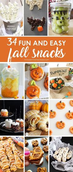 a collage of halloween treats and desserts with text overlay that reads, 34 fun and easy fall snacks