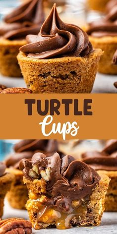 Easy Turtle Cups are a semi homemade cookie cup recipe with chocolate chip cookie dough filled with caramel and chocolate frosting! This easy cookie recipe is loved by all. Pumpkin Pie Poke Cake, Semi Homemade Desserts, Cookie Dough Filling, Homemade Cookie, Turtle Cookies, Homemade Caramel Sauce, Semi Homemade