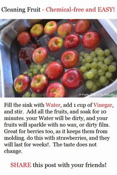 an image of apples and grapes in a sink with text about cleaning fruit - chemical - free and easy