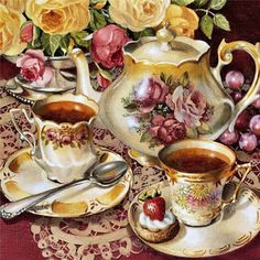 an image of a tea set with flowers on the side and words good morning above it