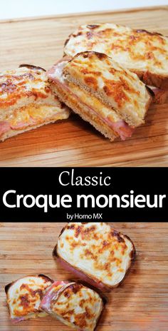 this is an image of classic croque monsieur grilled cheese sandwiches on a cutting board