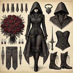 an old fashion illustration with gothic clothing and accessories, including hoods, gloves, boots, roses