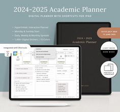 two laptops sitting next to each other on top of a white table with the text, 2021 - 202 academic planner