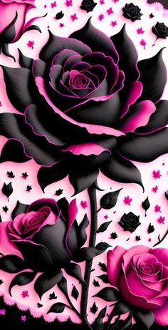 pink and black roses are in the middle of an artistic painting with stars on it