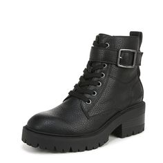 PRICES MAY VARY. Moto-inspired ankle boot VEGAN Faux-leather upper Side zipper entry Lace-up front, decorative metal buckle Lug Sole Booties, Western Ankle Boots, Lug Sole Boots, Lace Up Combat Boots, Decorative Metal, Round Toe Heels, Chunky Platform, Lug Sole, Black Booties