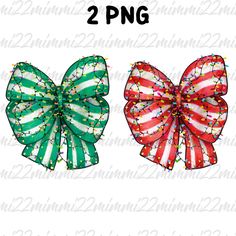 two bows with christmas lights on them, one is green and the other is red