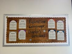 a bulletin board with some writing on it that says engage the language taylor's version