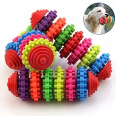 a bunch of colorful plastic toys with a white dog in the background and an image of a toy for dogs to play with