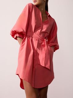 Women's Kate Belted Dress in Bright Coral | Brochu Walker Pink Knee-length Shirt Dress With Buttons, Pink Button-up Shirt Dress For Casual Occasions, Pink Button-up Dress For Daywear, Pink Button-up Midi Dress With Button Closure, Pink Button-up Shirt Dress With Button Closure, Elbow Length Sleeve, Belted Dress, Favorite Dress, Dresses Xs