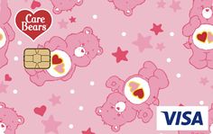 a pink teddy bear pattern with hearts and stars on it's chest, as well as a credit card