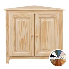 a wooden cabinet with two doors and color swatches