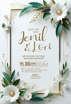 save the date card with white flowers and greenery in gold foil on a white background