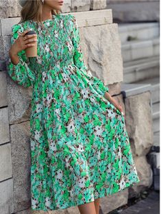 Slim Printed Smocking Long Sleeve Dress - Blue,S Green Floral Print Smocked Casual Dress, Modest Smocked Spring Dresses, Long Sleeve Smocked Dress For Vacation, Spring Knee-length Smocked Dress With Elastic Neckline, Green Long Sleeve Dress With Smocked Cuffs, Green Ruched Maxi Dress For Fall, Green Smocked Long Sleeve Dress For Fall, Green Long Sleeve Smocked Dress For Fall, Casual Smocked Bodice Dress For Fall