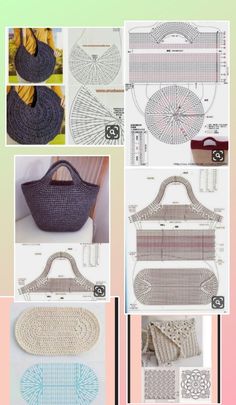 the instructions to crochet purses are shown in several different styles and sizes