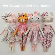 five stuffed animals are lined up together on a white background with the words pdf sewing pattern and tutor written below