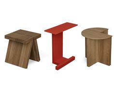 three wooden tables and stools are shown in different colors, shapes and sizes on a white background