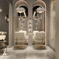 the interior of a salon with chairs and mirrors