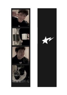 three pictures of two men with coffee cups and one has a star on the side