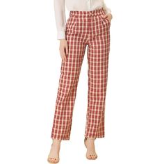 These pants are essential for dressing up or down. Lightweight fabric, covered in a plaid pattern, shapes these trendy trousers with a high-rise fit. How it is a bit high waist and how it gathers at the waist adding shape to the body. You may love everything about these trousers, from their regular fit to the elastic high-waist, which could double as a hiding mechanism for women with love handles. Style these trousers with a crop top and heels for the ultimate look. This fashionable and trendy c Trendy Trousers, Plaid Pants Women, Trendy Trouser, Trousers Women Wide Leg, 125 Lbs, Pants Elastic Waist, Social Activities, Long Trousers, Straight Trousers