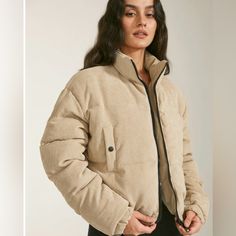 Cropped Funnel Neck Puffer Jacket, Size: Xs, Color: Beige Trendy Beige Puffer Jacket With Padded Collar, Fitted Beige Puffer Jacket For Winter, Trendy Beige Puffer Jacket For Spring, Chic Beige Long Sleeve Puffer Jacket, Chic Beige Puffer Jacket For Winter, Beige Puffer Jacket For Winter Workwear, Winter Beige Puffer Jacket For Workwear, Chic Beige Winter Puffer Jacket, Beige Winter Workwear Puffer Jacket