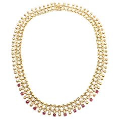 18k Yellow Gold Vintage Ruby Collar Necklace by Tiffany Co. With 11 round rubies total weight approximately 5ct Details: Length: 16" Weight: 77.1 grams Width: 15mm Stamped Hallmarks: Tiffany & Co 18k Made In Italy *Free Shipping within the United States* YOUR PRICE: $12,500 T2541rrdd Necklaces Luxury, Gold Collar Necklace, Gold Link Necklace, Vintage Designer Jewelry, Woven Necklace, Vintage Tiffany, Tiffany And Co, Lovely Jewellery, Gorgeous Jewelry