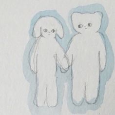 two white teddy bears holding hands in front of a blue and white background with one bear facing the other