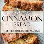 cinnamon bread is stacked on top of each other with the words, fresh cinnamon bread little home in the making