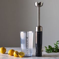 a blender sitting on top of a counter next to lemons