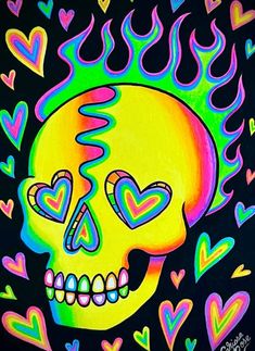 a painting of a skull with hearts on it