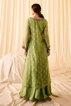 Green kurta with woven floral buttis, embellished by floral applique motifs and beads. Comes with palazzo, inner and dupatta. - Aza Fashions Festive Green V-neck Sets, Green Anarkali Set With V-neck, Green V-neck Set For Diwali, Festive Fitted V-neck Sets, Fitted Festive V-neck Sets, Designer V-neck Fitted Kurta, V-neck Resham Embroidery Fitted Sets, V-neck Fitted Sets With Resham Embroidery, Fitted V-neck Palazzo Set For Festive Occasions