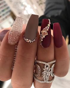 59 Stunning Christmas Nail Ideas You Will Want To Try NOW | Winter Nails 2023 Trends Nail Art Matte, Nails And Rings, Casket Nails, Burgundy Nail Art, Birthday Nail Art, Birthday Nail Designs, Matte Nail Art, Wine Nails, Queen Nails