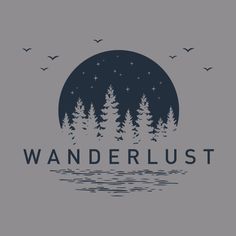 the logo for wanderlust with trees and birds flying in front of an overcast sky