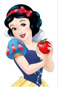 snow white holding an apple and smiling at the camera with her hand on her chest