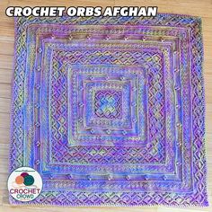 the crochet afghan pattern is shown in purple and blue