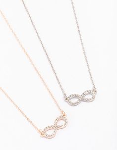 This necklace duo contains two individual pendant necklaces, one in a gold setting and the other in silver. Both pendants feature an eye-catching, infinity symbol for a timeless touch. Dimensions: Chain Length 45cm Extender: 8cm Weight: 16.5g | Lovisa Gold & Silver Infinity Diamante Necklace Pack Necklace Pack, Infinity Chain, Infinity Symbol, Gold Set, Chain Lengths, Chain Length, Pendant Necklaces, Silver Gold, Necklaces