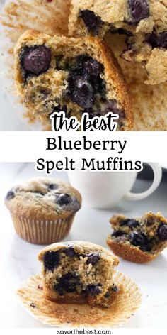 blueberry muffins cut in half and stacked on top of each other