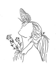 a drawing of a girl with a butterfly on her head and flowers in the foreground