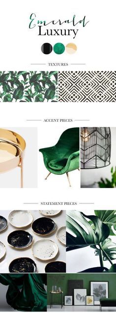 the interior design board is green and white with black accents, gold trimmings, and