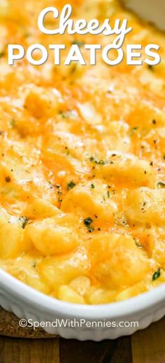 cheesy potato casserole in a white dish