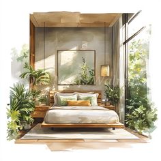 a watercolor painting of a bedroom with plants