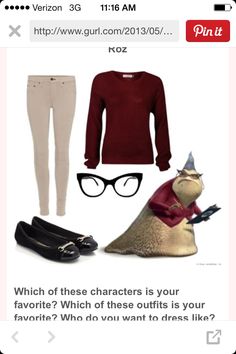 a woman's outfit is shown with shoes, glasses and a snail figure in front of her