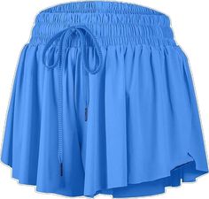 Blue Fitted Nylon Shorts, High Waist Blue Shorts With Drawstring, Blue Stretch Drawstring Shorts, Blue Stretch Shorts With Drawstring, Fitted Nylon Shorts With Drawstring, Fitted Light Blue Nylon Bottoms, Fitted Blue Bottoms With Drawstring, Light Blue Nylon Bottoms For Summer, Blue Elastic Short Bottoms